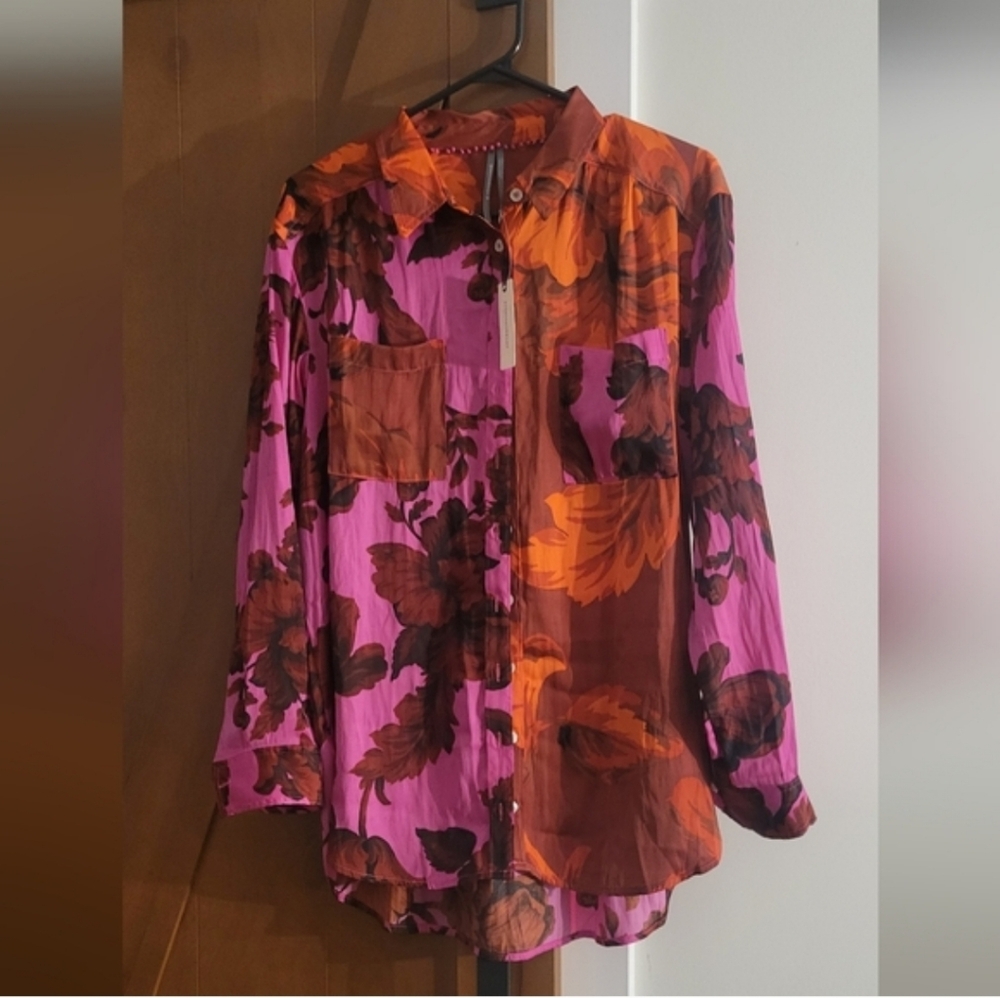 NWOT $110 By Anthropologie Relaxed Buttondown Blouse in Pink Size Large - Picture 10 of 12